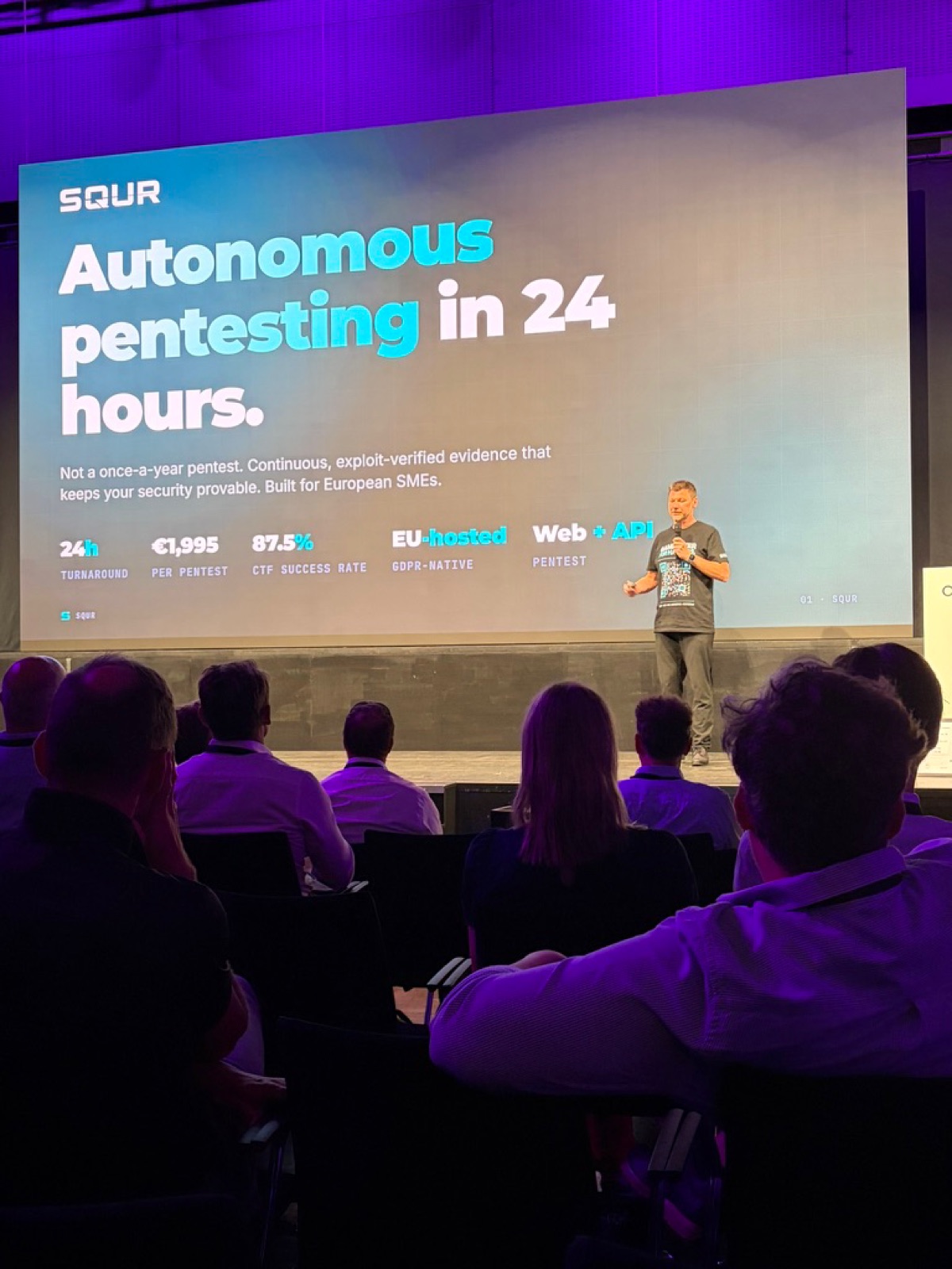 SQUR founder Adam Lundqvist pitching autonomous pentesting on stage in Munich